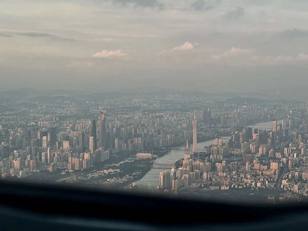 a view of a city from an airplane window