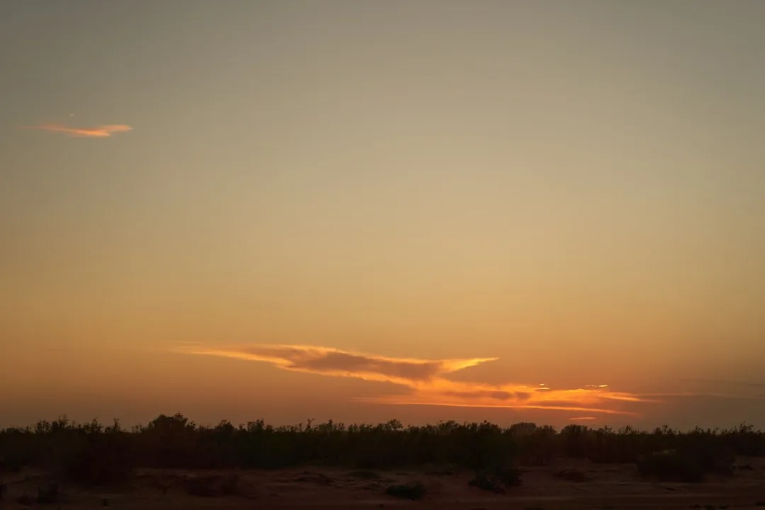 The sun is setting in the distance over the desert