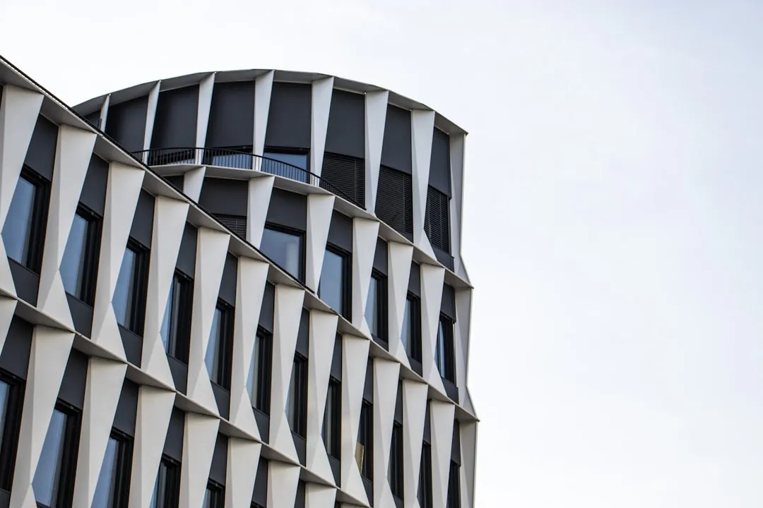 Modern architecture with distinct, patterned windows.