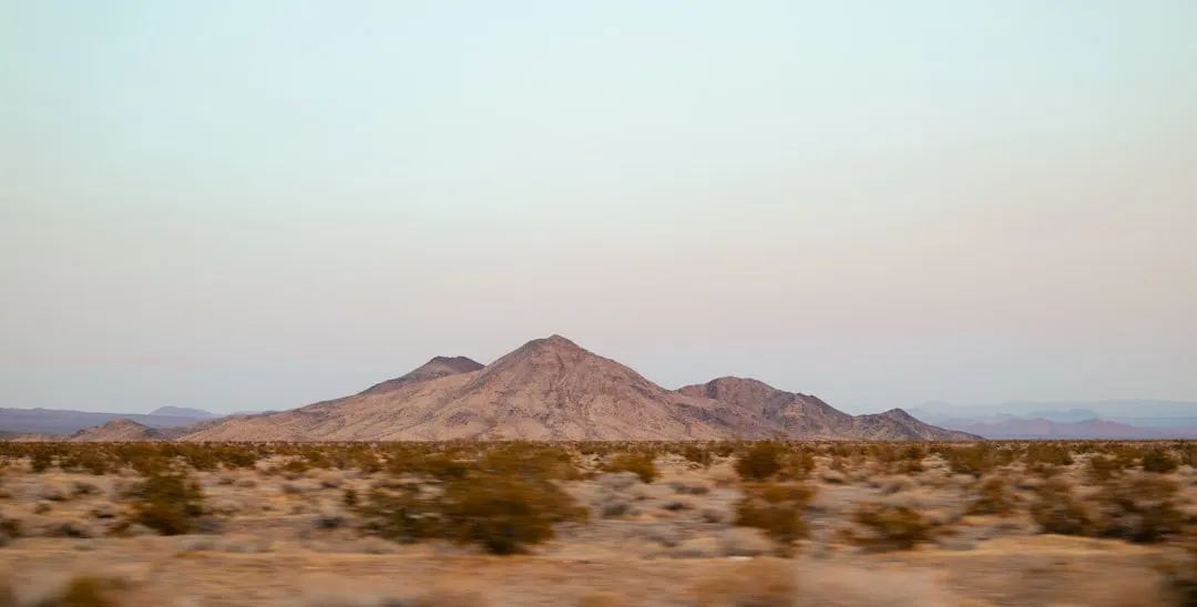 A desert landscape with a mountain in the distance