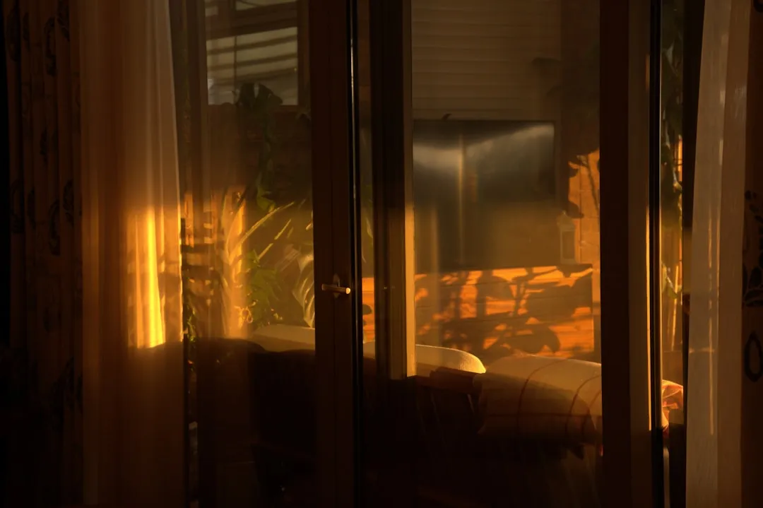 Golden light shines through glass doors.