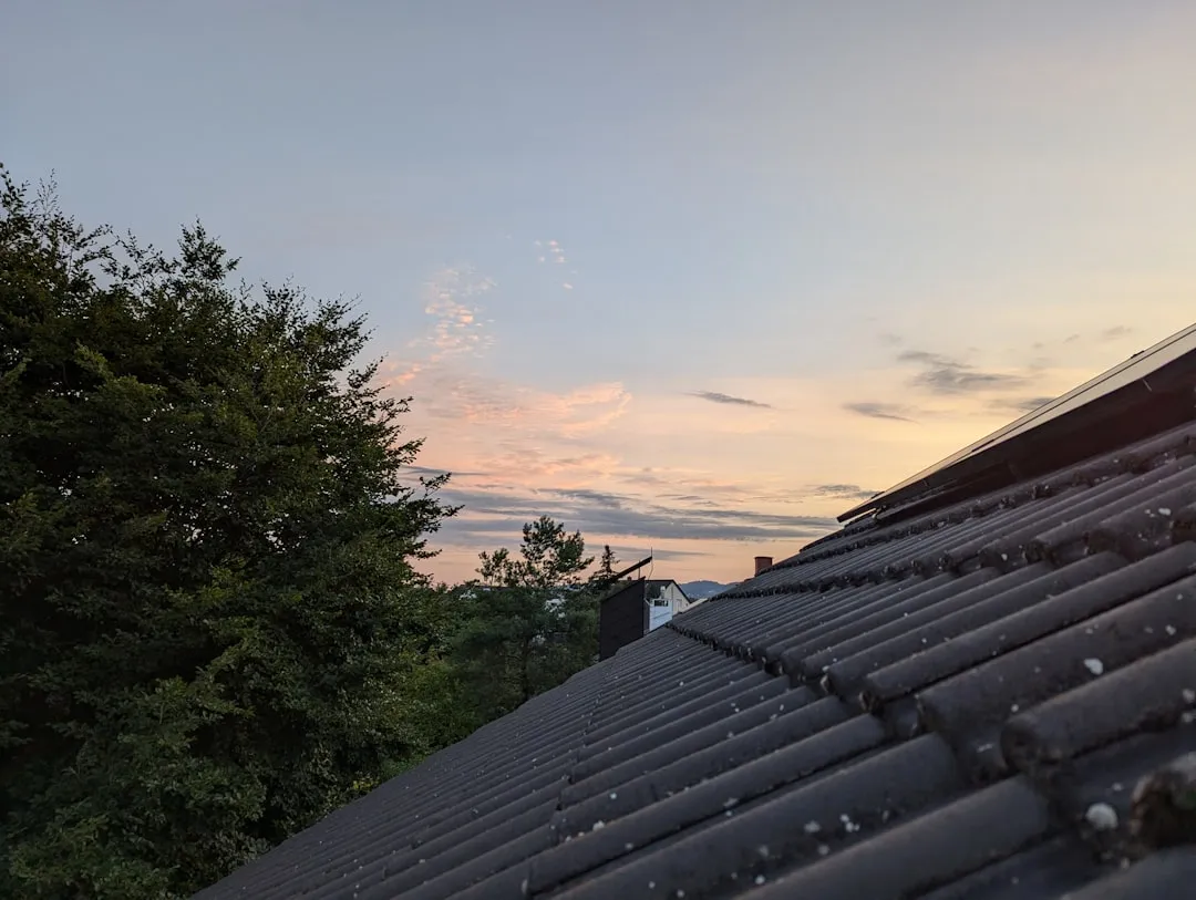 A view of the roof of a house at sunset
