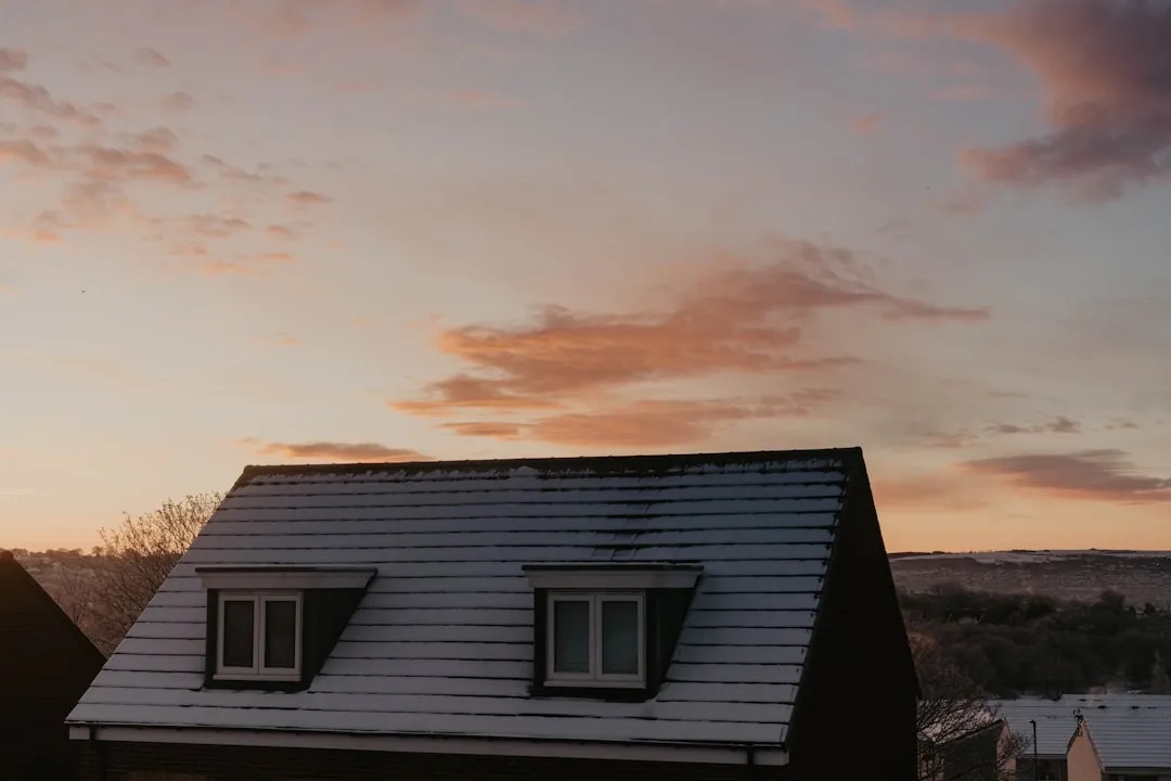 a house with a snow covered roof and two windows