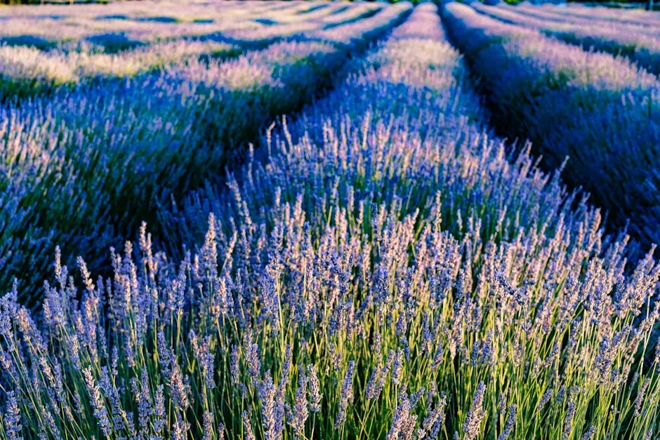 Vibrant lavender fields at sunset in Krnica, Croatia, showcasing natural beauty and tranquility.