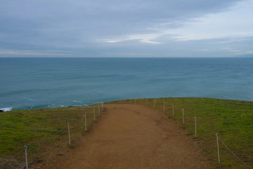a path leading to the ocean on a cloudy day